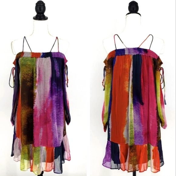 Floreat Multicolor Watercolor Off The Shoulder Tunic Dress - Picture 3 of 8